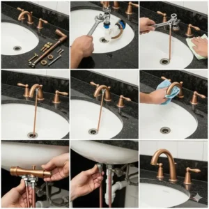 A step-by-step image showing the installation process of a new copper bathroom faucets.