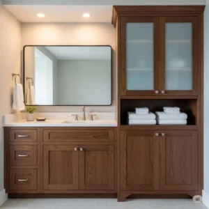 A custom-built bathroom vanity with a linen cabinet, showing a built-in look for a seamless design.