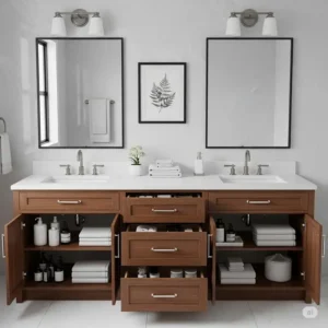 A functional double sink bathroom vanity top with ample cabinet and drawer storage underneath, perfect for organizing toiletries and towels.