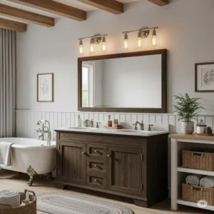 A rustic farmhouse style bathroom with a dark wood vanity and bathroom vanity lights brushed nickel and vintage bulbs.