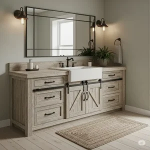 A rustic farmhouse-style white oak bathroom vanity with barn-door style cabinet fronts and exposed wood grain, bringing a cozy, charming aesthetic to the bathroom.