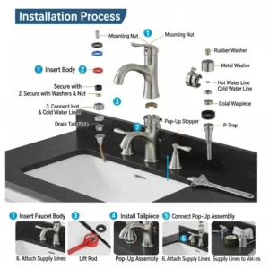A diagram showing the proper steps and parts needed to install a new polished nickel bathroom faucet.