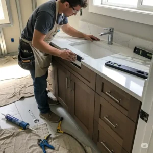 A step-by-step image of a homeowner installing a new countertop on their completed unfinished bathroom vanity project.