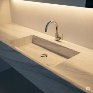 A seamless, integrated modern bathroom sink crafted from a single slab of natural stone, highlighting the smooth, easy-to-clean surface.