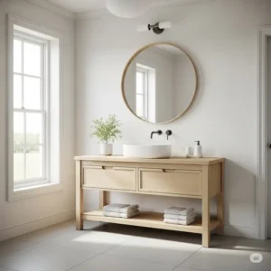 A bright and airy bathroom featuring a light-colored solid wood bathroom vanity, which adds a clean, Scandinavian-inspired look and brightens up the space.