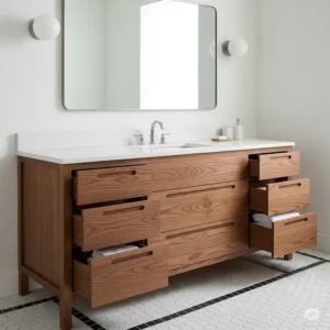 A mid century modern bathroom vanity with multiple deep drawers and integrated pulls for efficient and organized storage.