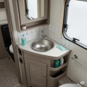 A small motorhome bathroom sink for motorhome integrated into a compact vanity unit, providing storage for toiletries and maximizing utility.