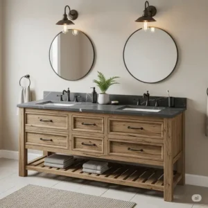 Rustic oak bathroom vanity with double sink with a dark gray countertop, offering a warm and natural look for any bathroom decor.