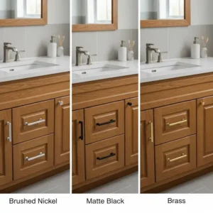 A visual guide showcasing different hardware options—brushed nickel, matte black, and brass pulls—to customize an oak bathroom vanity.