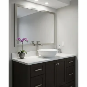 A beautifully installed RTA bathroom vanity cabinets complete with a vessel sink and new faucet.