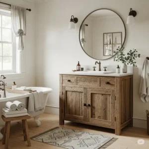 A rustic farmhouse-style bathroom with an antique cabinet bathroom vanity made from reclaimed barn wood, creating a warm and cozy aesthetic.
