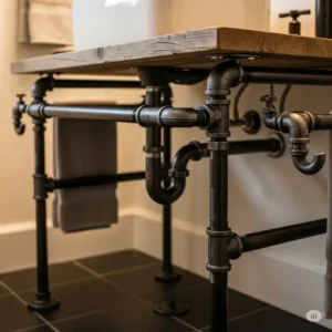 Detail shot of the industrial-style black pipe fittings used for the hardware and legs of a rustic industrial bathroom vanity.