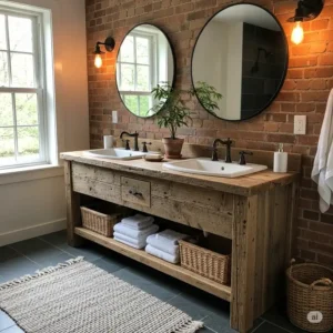  unique reclaimed wood rustic looking bathroom vanities, showcasing the natural grain and knots of the wood for an authentic rustic aesthetic.