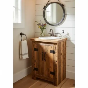 A beautiful wooden narrow depth vanity with a rustic finish, providing warmth and style to a compact, farmhouse-inspired bathroom.