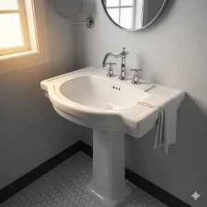 A classic pedestal sink with a curved basin, offering a minimalist option for small sinks and vanities for small bathrooms.