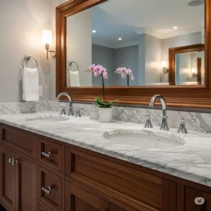 A gorgeous bathroom vanity with a polished marble countertop and elegant chrome faucets.