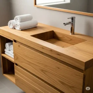 A detailed shot of a moisture-resistant teak wood bathroom vanity, highlighting the natural grain and durability, ideal for humid environments.