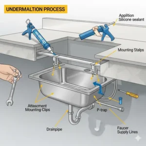 Diagram showing the installation of an undermount stainless steel bathroom sink.