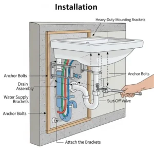 A visual guide showing the installation of a wall mounted bathroom sinks, including the hidden plumbing and mounting brackets. The image is useful for DIY enthusiasts.