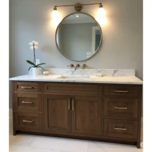 "Elegant walnut bathroom vanity paired with a luxurious white marble countertop, offering a classic yet sophisticated contrast and timeless appeal."