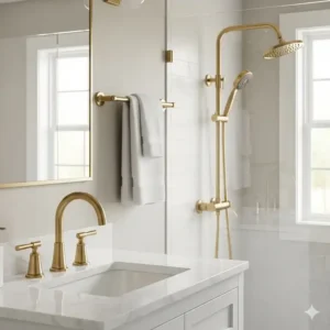 A cohesive bathroom set featuring a brushed gold bathroom faucet alongside a matching towel bar and shower head, all in a uniform finish.

