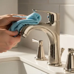 A person gently cleaning a polished nickel bathroom faucet with a soft cloth to maintain its brilliant shine and prevent water spots.