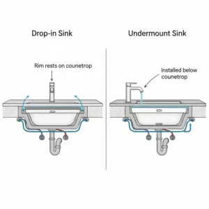 A simple diagram illustrating the key differences between drop in bathroom sinks, which rest on the countertop, and undermount sinks, which are installed below the surface.