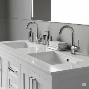 Polished chrome hardware and sleek faucets installed on a bathroom vanity with double sink, adding a touch of elegance.