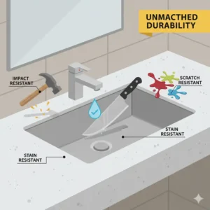 Graphic illustrating the durability of a stainless steel bathroom sink against scratches and stains.