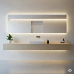 A modern, floating narrow depth vanity that creates the illusion of more floor space, ideal for contemporary and minimalist bathroom designs.