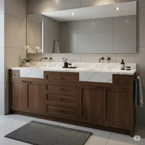 A practical yet luxurious bathroom vanity with ample storage drawers and cabinets for a clutter-free look.