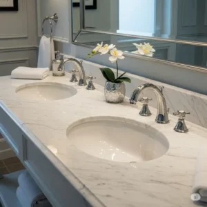 A luxurious marble double sink bathroom vanity top with two undermount basins and polished nickel faucets, providing a classic and timeless aesthetic.