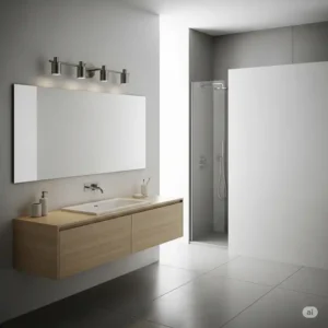 A minimalist, contemporary bathroom with clean lines and sleek bathroom vanity lights brushed nickel above the sink.