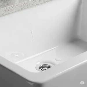 A close-up view of a pristine white porcelain example of under counter bathroom sinks, highlighting the durable and easy-to-clean material.