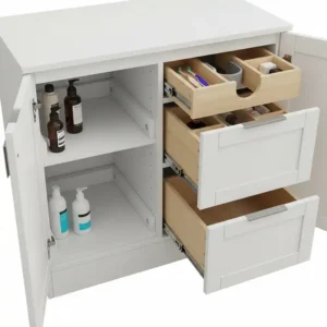 An interior view of a RTA bathroom vanity cabinets, showing functional storage features like adjustable shelves and soft-close drawers.