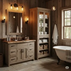 A rustic wood bathroom vanity with a linen cabinet, adding a touch of natural warmth to the space.