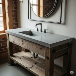 A rustic industrial bathroom vanity with a smooth, polished concrete countertop, providing a modern touch to the classic design.