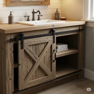 A rustic looking bathroom vanities featuring a sliding barn door on the front, providing a unique and space-saving storage solution for a rustic bathroom.