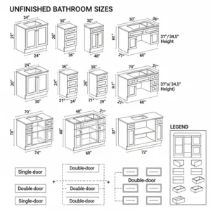 A diagram illustrating various standard sizes and configurations available for unfinished bathroom vanities.