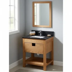 A compact yet stylish solid wood bathroom vanity designed for a small bathroom or powder room, optimizing space without compromising on style or quality.