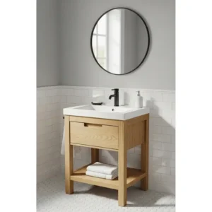 A compact and space-saving oak bathroom vanity with a single sink, perfectly suited for optimizing a smaller powder room or guest bathroom.