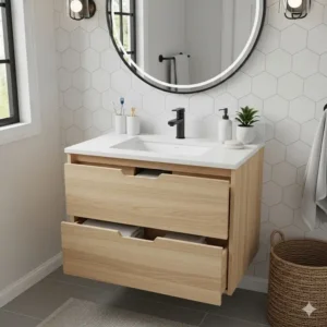 A compact vanity with two drawers and an under-mount sink, showing small sinks and vanities for small bathrooms with storage.