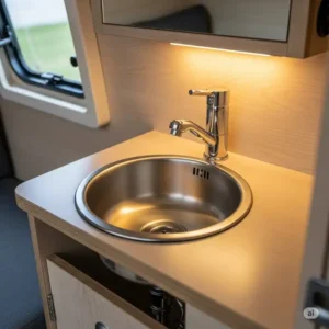 A very small, round stainless steel bathroom sink for motorhome, specifically designed for a teardrop trailer or other ultra-compact recreational vehicle.