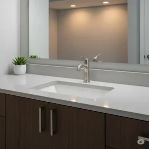An undermount modern bathroom sink seamlessly installed beneath a quartz countertop, creating a clean, flush look.