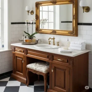 A vintage-inspired vanity with elegant cabinetry, providing both aesthetic appeal and practical closed storage.