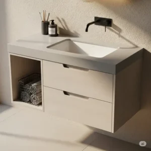 A wall mounted bathroom sinks with an integrated countertop and storage space underneath. This is a practical solution that combines the space-saving benefits of a wall-mounted unit with the utility of a vanity.
