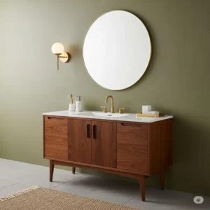 A rich walnut mid century modern bathroom vanity paired with a simple round mirror and brass fixtures for a sophisticated look.