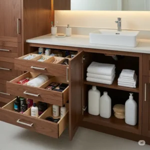 "Interior view of a walnut bathroom vanity with smartly designed drawers and cabinet storage, showcasing practical organization for toiletries and towels."