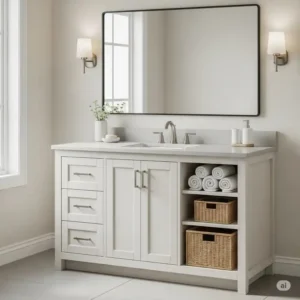 A white oak bathroom vanity design that includes both closed drawers and open shelving below, perfect for displaying decorative towels or baskets for organized storage.