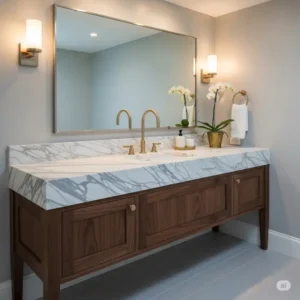 An elegant wood bathroom vanity with a luxurious white marble countertop and a brass faucet, blending classic and modern styles.